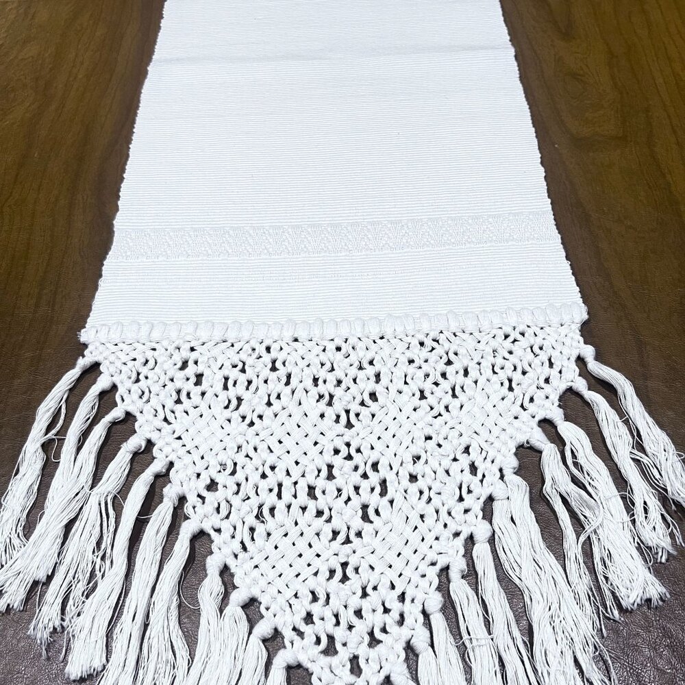 Handcrafted Macrame Fringed Ivory Table Runner Boho Intricate Design 82X13"